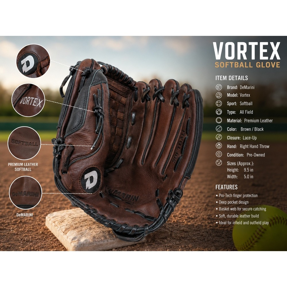DeMarini Vortex Softball Glove Brown Black Leather Right Hand Throw 9.5in